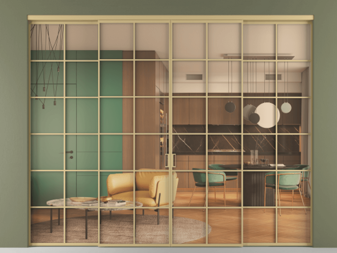 Перегородка Формато внутри проёма 4 створки АЛПР 040.05 Золотой Прозрачное оранжевое стекло, триплекс. Цена 517260 ₽ 1. Полотно 4 шт. (800/2100 мм)
2. Комплект установки раздвижной системы
3. Базовый комплект фурнитуры
4.Ручка Рондо. Фабрика дверей Волховец 8 (800) 551 43 19 Перегородка Формато внутри проёма 4 створки АЛПР 040.05 Золотой Прозрачное оранжевое стекло, триплекс Цена 517260 ₽ | Volhovec
