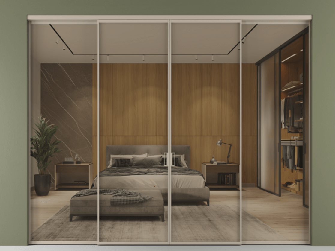 Перегородка Формато внутри проёма 4 створки АЛПР 040.01 Алюминий бисквитный Рефлективное бронзовое стекло "Стопсол", калёное Цена 448360 ₽  | Volhovec