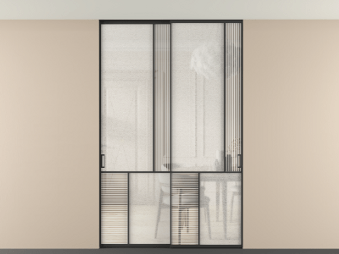 Перегородка Mosaic внутри проёма двустворчатая со скрытым креплением в потолок АЛПР 041.21 Алюминий Черный Рифлёное стекло "Дюна", триплекс, 6 мм + Фактурное стекло "Лёд", триплекс, 6 мм. Скрытый короб ЧЕР Цена 344320 ₽ . Фабрика дверей Волховец 8 (800) 551 43 19 Перегородка Mosaic внутри проёма двустворчатая со скрытым креплением в потолок АЛПР 041.21 Алюминий Черный Рифлёное стекло "Дюна", триплекс, 6 мм + Фактурное стекло "Лёд", триплекс, 6 мм Цена 344320 ₽ | Volhovec