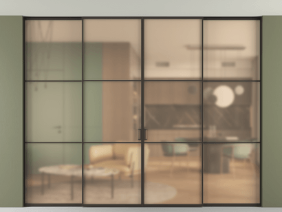 Алюминевая перегородка АЛПР 040.03_ААН_САТ ОРАНЖ_new. Цвет Алюминий антрацит. Материал Алюминий в эмали. Коллекция Перегородка Formato внутри проёма четырёхстворчатая со скрытым креплением в потолок. Картинка.