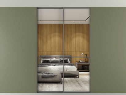 Алюминевая перегородка АЛПР 040.02_АКЛС_Зеркало триплекс_new. Цвет Алюминий классический серый. Материал Алюминий в эмали. Коллекция Перегородка Formato внутри проёма двустворчатая со скрытым креплением в потолок. Картинка.