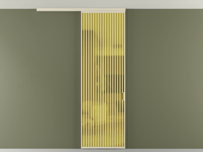 Алюминевая перегородка vd1_06 Алюминий бежево-серый Сатинированное жёлтое стекло, триплекс, 6мм. Цвет Алюминий бежево-серый. Материал Алюминий в эмали. Коллекция Перегородка Formato вдоль стены на потолок одностворчатая. Картинка.