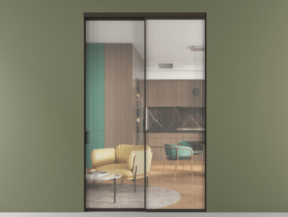 Алюминевая перегородка АЛПР 040.01_ААН_Moru_new. Цвет Алюминий антрацит. Материал Алюминий в эмали. Коллекция Перегородка Formato внутри проёма двустворчатая. Картинка.