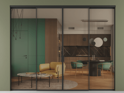 Алюминевая перегородка vn2+2_01 Бронза триплекс ЧЕР. Цвет Алюминий Черный. Материал Алюминий. Коллекция Перегородка Formato внутри проёма четырёхстворчатая. Картинка.