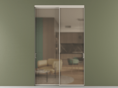 Алюминевая перегородка АЛПР 040.01_АСБЖ_Бронза сатин триплекс_new. Цвет Алюминий светло-бежевый. Материал Алюминий в эмали. Коллекция Перегородка Formato внутри проёма двустворчатая. Картинка.