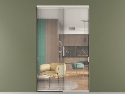 Алюминевая перегородка АЛПР 040.01_АОС_Moru_new. Цвет Алюминий облачно-серый. Материал Алюминий в эмали. Коллекция Перегородка Formato внутри проёма двустворчатая. Картинка.