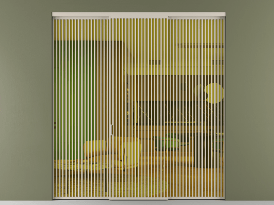 Алюминевая перегородка АЛПР 040.06_АСБЖ_ПРОЗ ЖЕЛ_new. Цвет Алюминий светло-бежевый. Материал Алюминий в эмали. Коллекция Перегородка Formato внутри проёма 3 створки. Картинка.