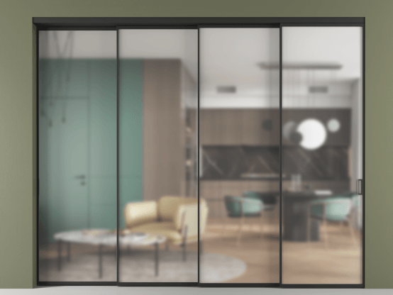 Алюминевая перегородка vn4_01 Matelux Crystalvision ЧЕР. Цвет Алюминий Черный. Материал Алюминий. Коллекция Перегородка Formato внутри проёма 4 створки с синхронным механизмом. Картинка.