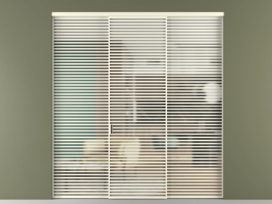 Алюминевая перегородка АЛПР 040.07_АМБ_Matelux Crystalvision_new. Цвет Алюминий молочно-белый. Материал Алюминий в эмали. Коллекция Перегородка Formato внутри проёма 3 створки. Картинка.