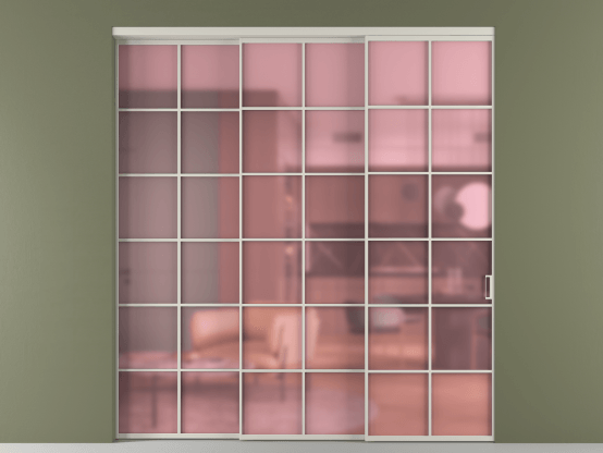 Алюминевая перегородка vn3_05_ Алюминий тёплый серый Сатинированное розовое стекло, триплекс, 6мм. Цвет Алюминий тёплый серый. Материал Алюминий в эмали. Коллекция Перегородка Formato внутри проёма 3 створки с синхронным механизмом. Картинка.