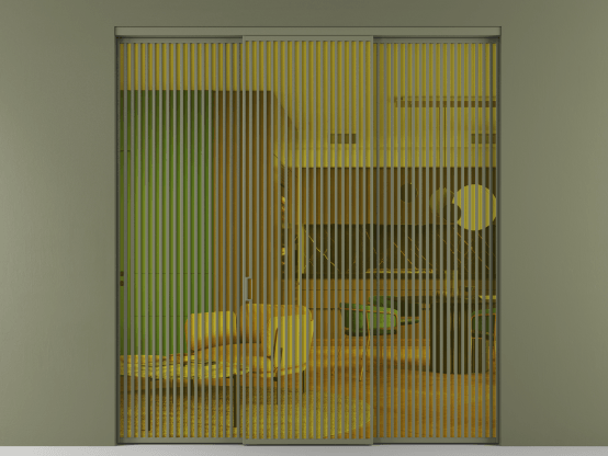 Алюминевая перегородка АЛПР 040.06_АОТ_ПРОЗ ЖЕЛ_new. Цвет Алюминий оливковый тёмный. Материал Алюминий в эмали. Коллекция Перегородка Formato внутри проёма 3 створки. Картинка.