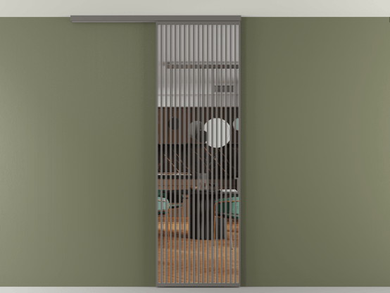 Алюминевая перегородка АЛПР 040.06_АКЛС_Crystalvision_new. Цвет Алюминий классический серый. Материал Алюминий в эмали. Коллекция Перегородка Формато вдоль стены на потолок 1 створка. Картинка.
