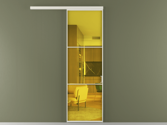 Алюминевая перегородка АЛПР 040.03_БЕЛ_ПРОЗ ЖЕЛ_new. Цвет Алюминий Белый. Материал Алюминий. Коллекция Перегородка Формато вдоль стены 1 створка. Картинка.