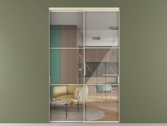 Алюминевая перегородка vn2_03_ Алюминий бежево-серый Stopsol Clear. Цвет Алюминий бежево-серый. Материал Алюминий в эмали. Коллекция Перегородка Формато внутри проёма 2 створки. Картинка.