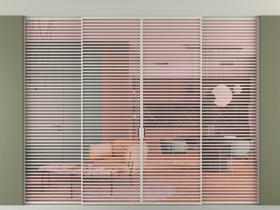 Алюминевая перегородка vn2+2_07 Алюминий тёплый серый Прозрачное розовое стекло, триплекс, 6мм. Цвет Алюминий тёплый серый. Материал Алюминий в эмали. Коллекция Перегородка Formato внутри проёма скрытое крепление в потолок 4 створки. Картинка.