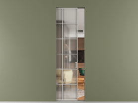 Алюминевая перегородка skr1_05_ Алюминий тёплый серый Matelux Crystal Vision. Цвет Алюминий тёплый серый. Материал Алюминий в эмали. Коллекция Перегородка Formato скрытый пенал 1 створка. Картинка.