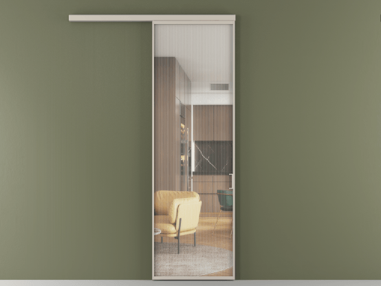 Алюминевая перегородка АЛПР 040.01_АСБЖ_Moru_new. Цвет Алюминий светло-бежевый. Материал Алюминий в эмали. Коллекция Перегородка Formato вдоль стены 1 створка. Картинка.