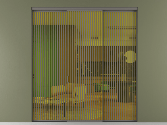 Алюминевая перегородка АЛПР 040.06_АКЛС_ПРОЗ ЖЕЛ_new. Цвет Алюминий классический серый. Материал Алюминий в эмали. Коллекция Перегородка Formato внутри проёма 3 створки. Картинка.