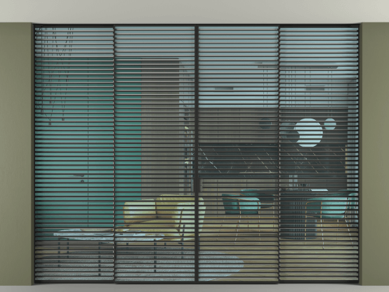 Алюминевая перегородка АЛПР 040.07_ЧРН_ПРОЗ ГОЛ_new. Цвет Алюминий Черный. Материал Алюминий. Коллекция Перегородка Formato внутри проёма скрытое крепление в потолок 4 створки. Картинка.