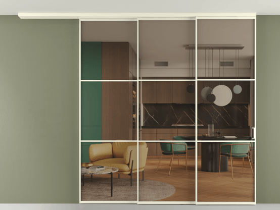 Алюминевая перегородка АЛПР 040.03_АМБ_Бронза триплекс_new. Цвет Алюминий молочно-белый. Материал Алюминий в эмали. Коллекция Перегородка Формато вдоль стены на потолок 3 створки с синхронным механизмом. Картинка.