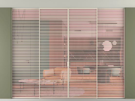 Алюминевая перегородка vn2+2_07 Алюминий бежево-серый Прозрачное розовое стекло, триплекс, 6мм. Цвет Алюминий бежево-серый. Материал Алюминий в эмали. Коллекция Перегородка Formato внутри проёма скрытое крепление в потолок 4 створки. Картинка.