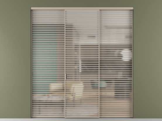 Алюминевая перегородка АЛПР 040.07_АБСК_Matelux Crystalvision_new. Цвет Алюминий бисквитный. Материал Алюминий в эмали. Коллекция Перегородка Formato внутри проёма 3 створки. Картинка.