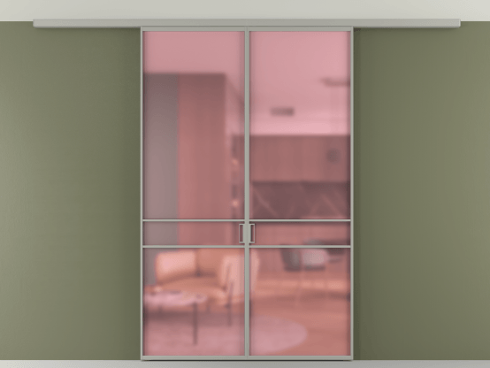 Алюминевая перегородка АЛПР 040.02_АНСР_САТ РОЗ_new. Цвет Алюминий нейтральный серый. Материал Алюминий в эмали. Коллекция Перегородка Formato вдоль стены на потолок 2 створки. Картинка.