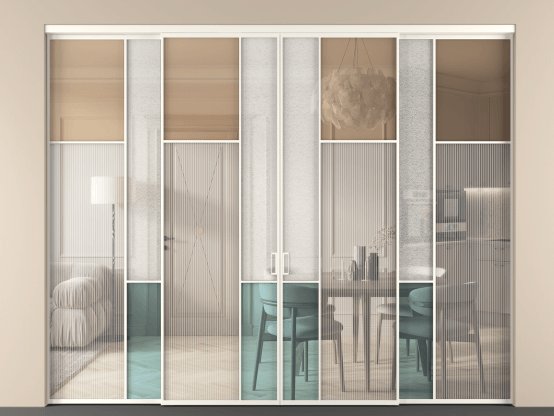 Алюминевая перегородка vnt4_7 Алюминий пудровый белый Четыре стекла. Цвет Алюминий пудровый белый. Материал Алюминий в эмали. Коллекция Перегородка Mosaic внутри проёма 4 створки. Картинка.